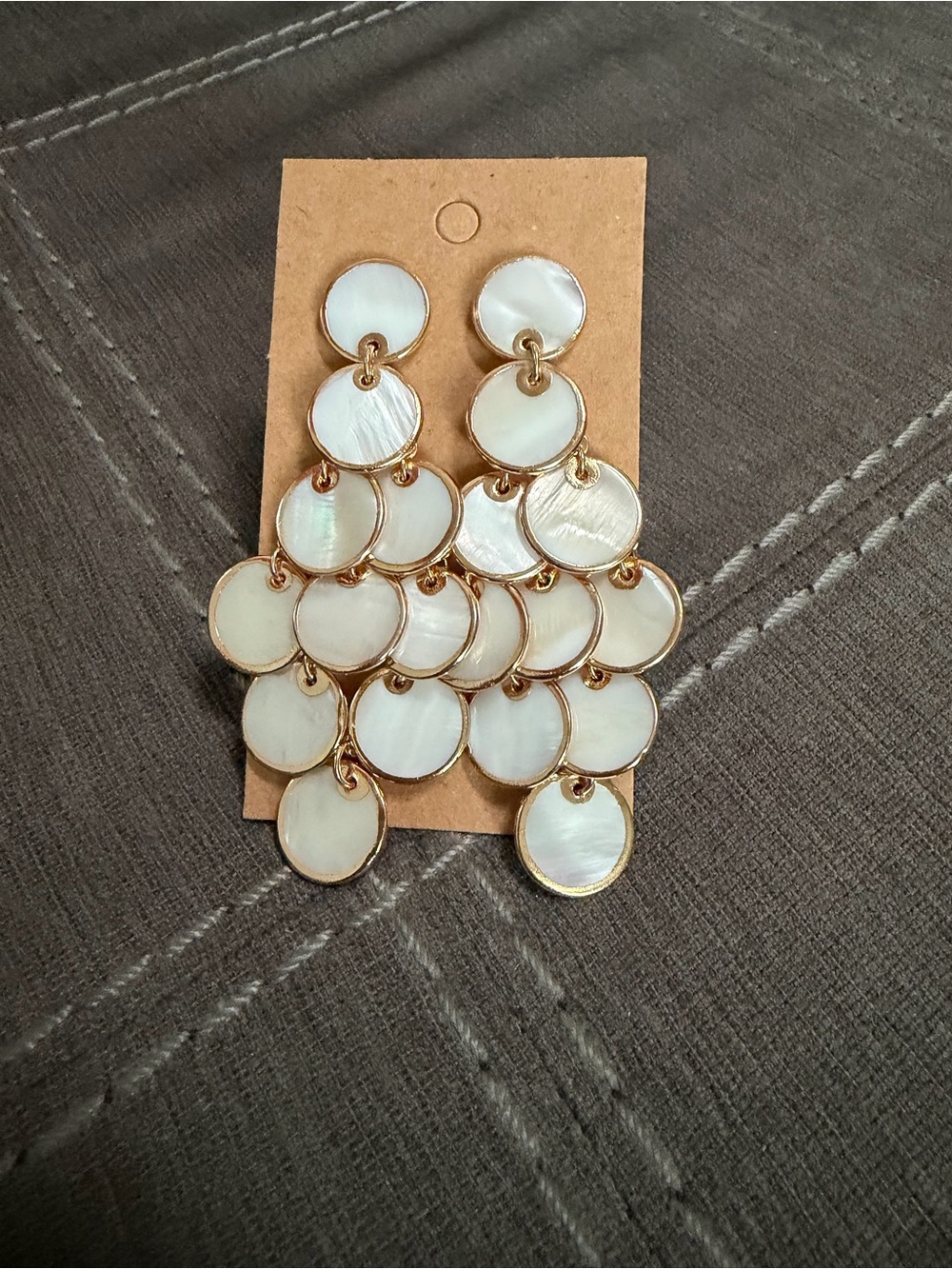 Gold-Trim White Mother of Pearl Cascade Drop Earrings